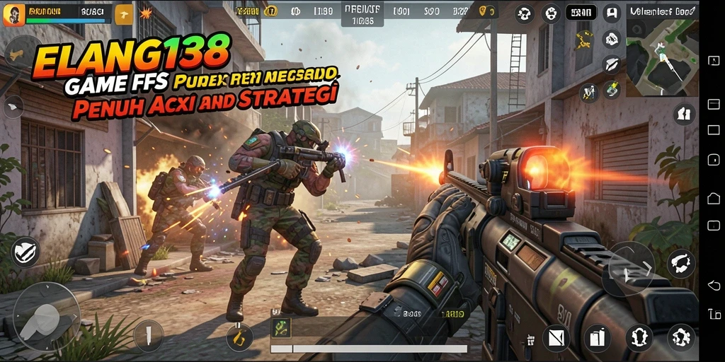 Screenshot utama menunjukkan aksi tembak-menembak intens di ELANG138.