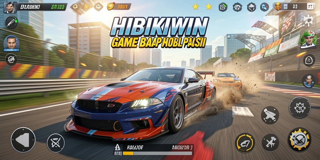 Screenshot gameplay HIBIKIWIN menampilkan aksi balapan yang mendebarkan.