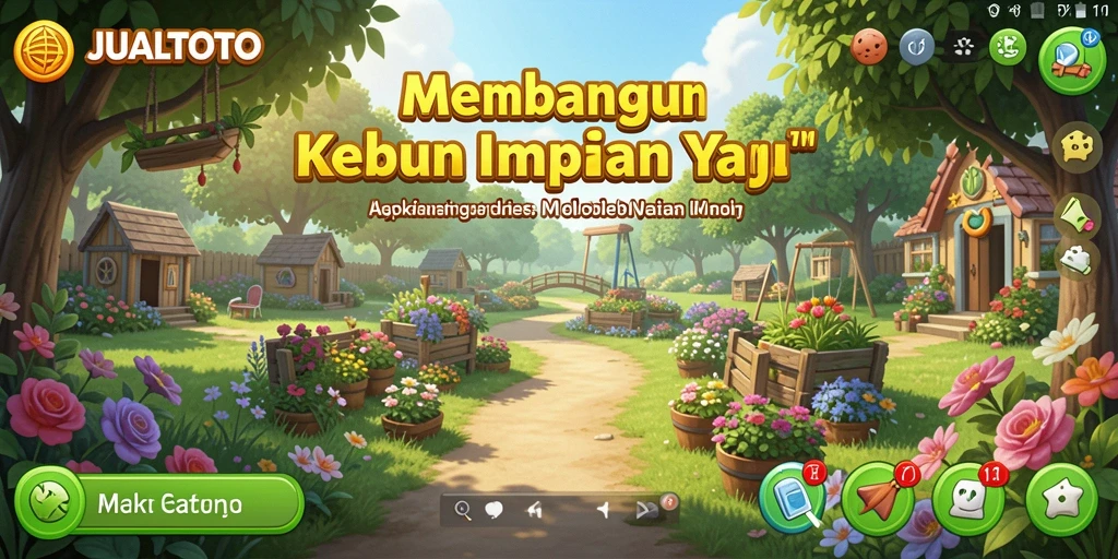 Screenshot gameplay JUALTOTO menampilkan kebun yang subur dan hewan lucu.